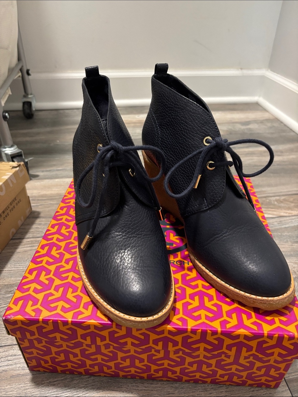 Tory Burch Black Leather Lace-Up Ankle Boots with Tan Sole